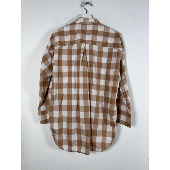 Maeve By Anthropologie Womens Tan White Gingham Button-Up Shirt Tunic Top Small - Picture 2 of 8